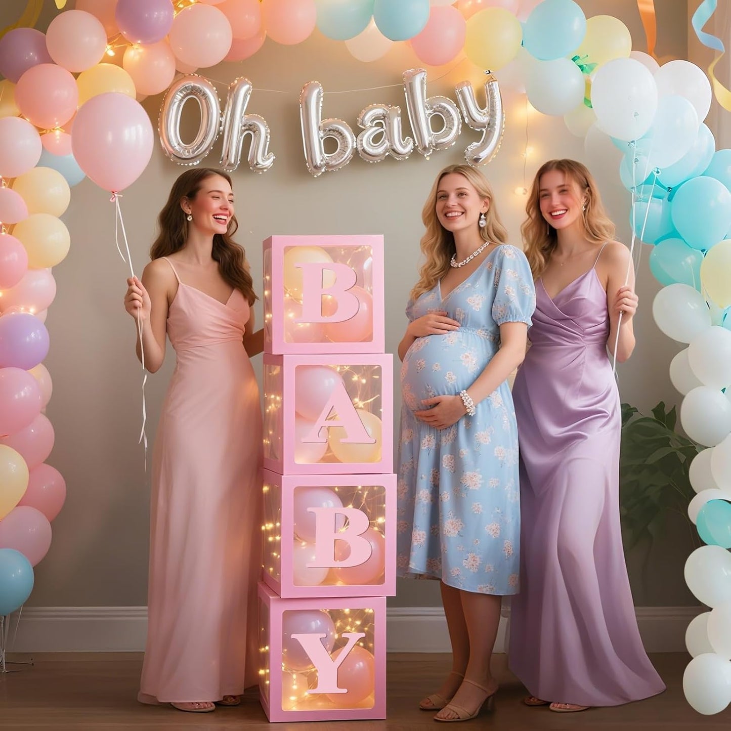 Ledido Baby Boxes with Letters for Baby Shower Decoration, 4 pcs Clear Baby Balloon Boxes Blocks with LED Fairy String Lights 38 Balloons for Boy Girl Gender Reveal Birthday Party (Pink)
