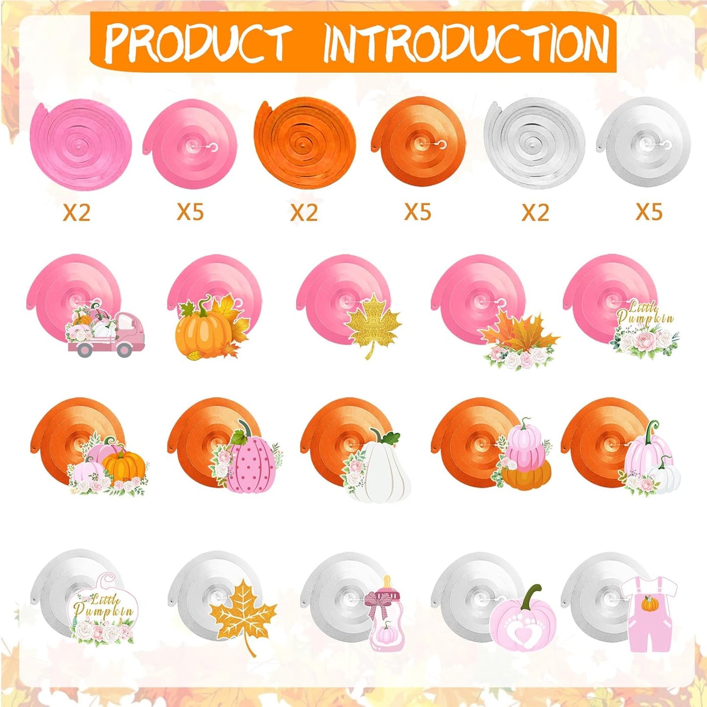 36pcs Thanksgiving Little Pumpkin Party Hanging Swirls Decor,Pink Girl Little Pumpkin Thankgiving Hanging Swirls, Fall Themed Maple Leaf Pumpkin Truck Ceiling Swirl for Birthday Decorations