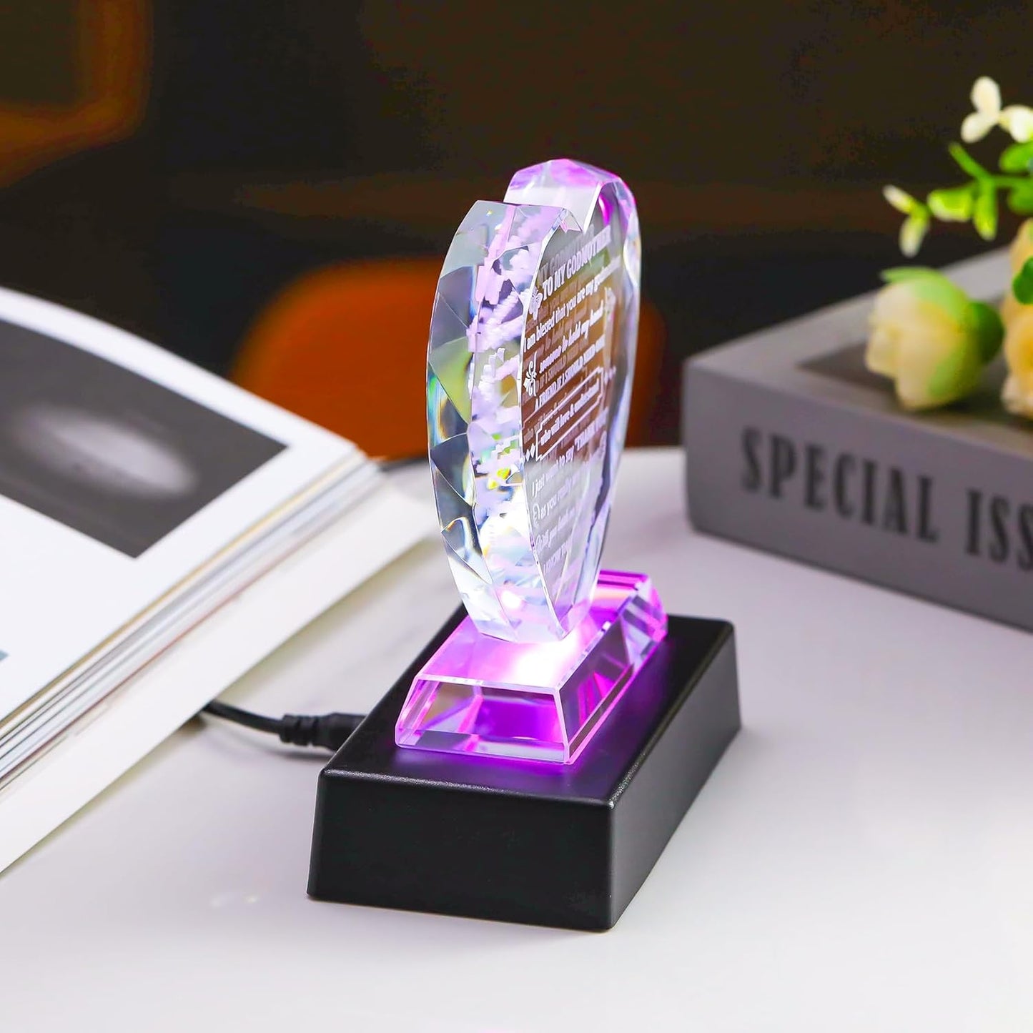 YWHL Godmother Gifts from Godchild with Colorful Light Base, Best Godmother Gifts for Birthday Crystal Heart Keepsake, To My Godmother Gifts from Goddaughter Godson on Mothers Day Christmas