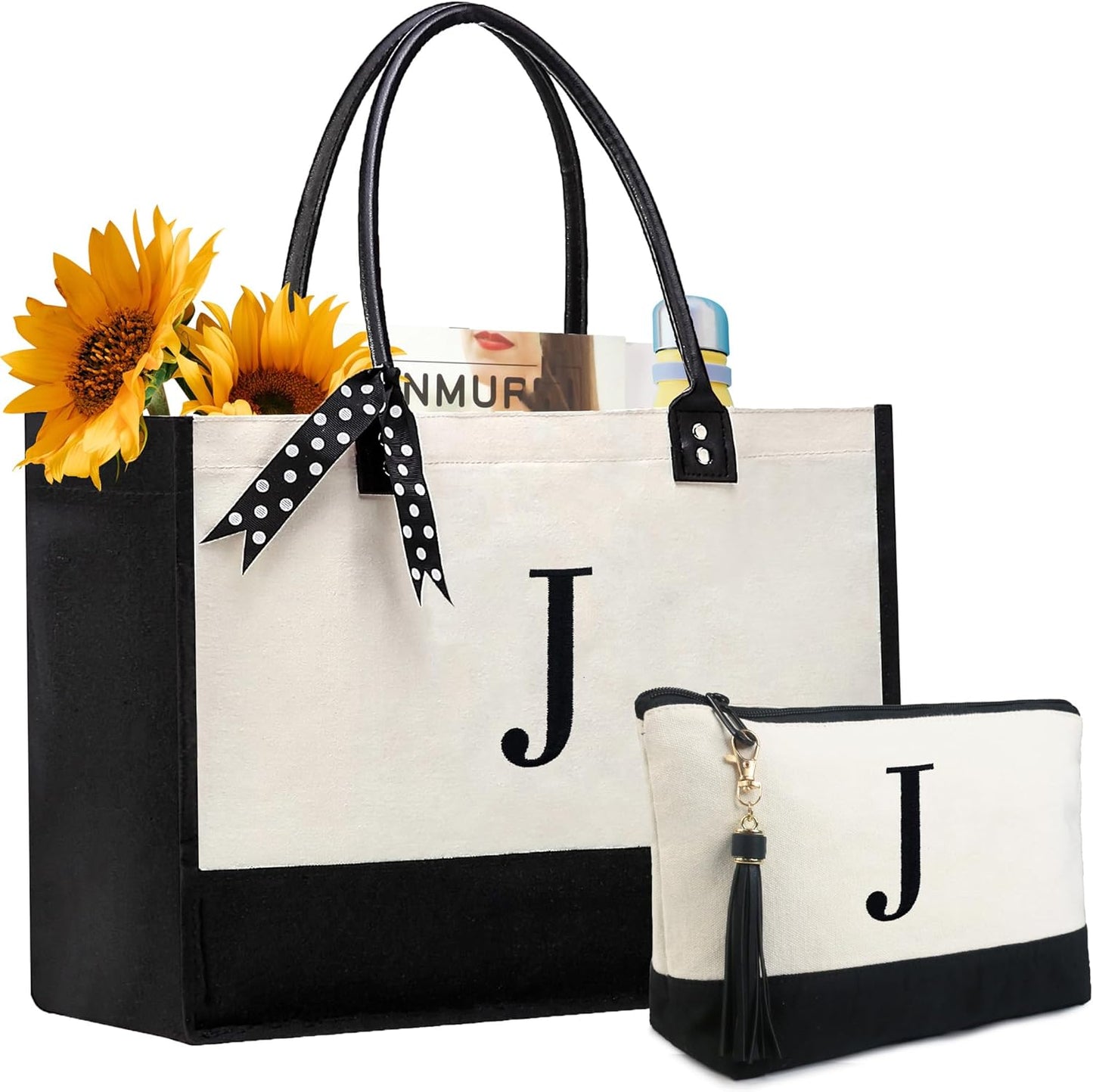 BeeGreen Initial Tote Bag-for-Women, Friends-Mother Christmas with Embroidery Initial Monogram, Large Canvas Tote Bag with Zipper Pockets Leather Handles J