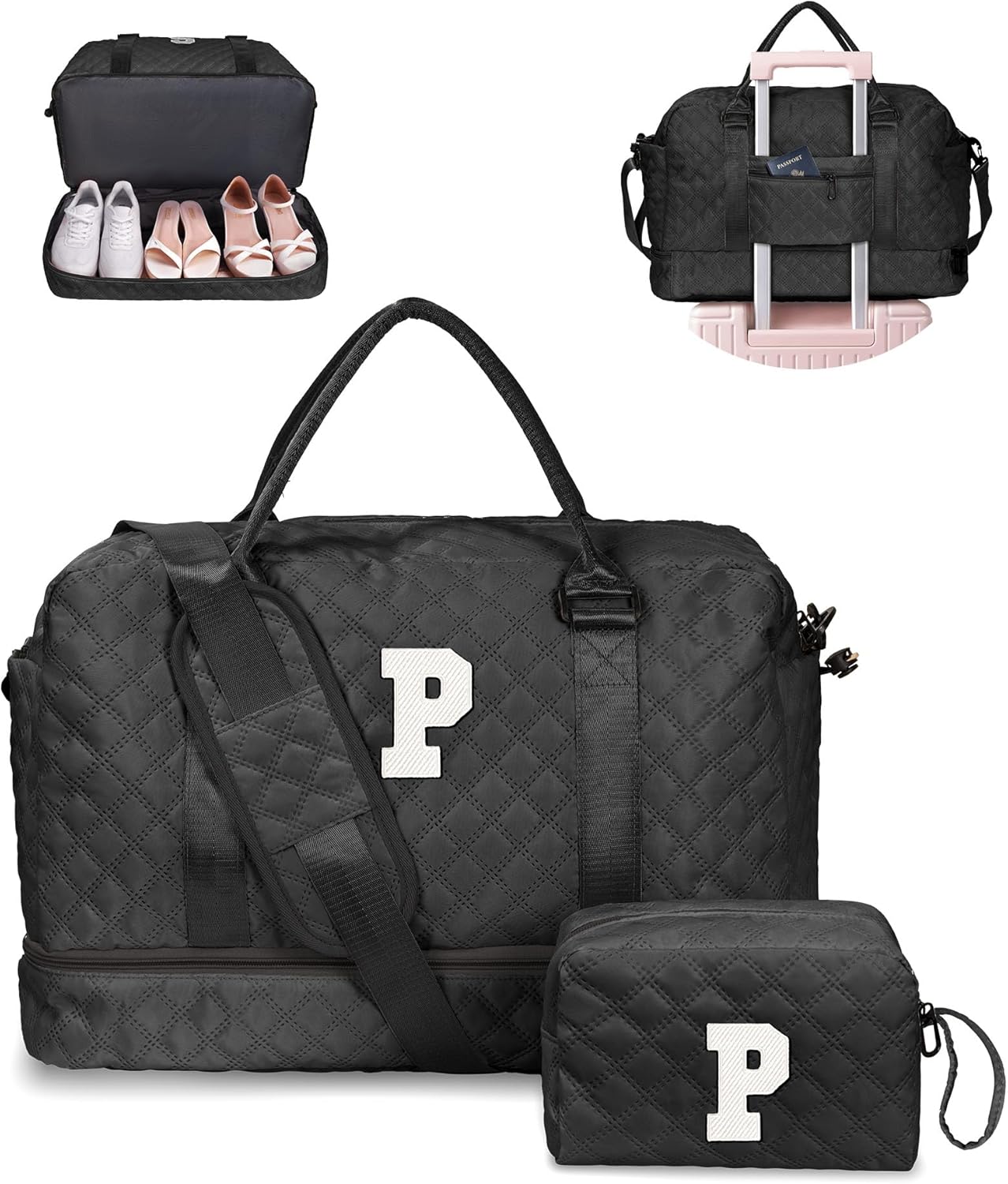 Gifts for Grandma-Initial Duffle Bag with Shoe Compartment, Personalized Weekender Bag, Monogram Overnight Bag, Letter Travel Bag with Makeup Bag,Daughter Friend Gifts (Letter P), Black