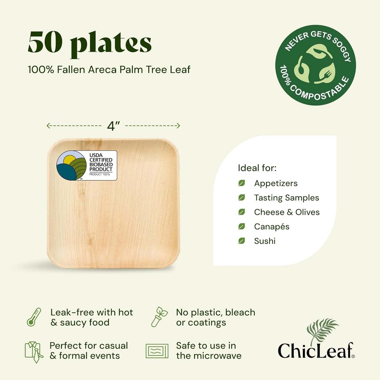 Chic Leaf Compostable & Biodegradable Palm Leaf Disposable Bamboo Plates 4" - Disposable Party Plates for Appetizers - Party Supplies (4'' - 50 Pack)