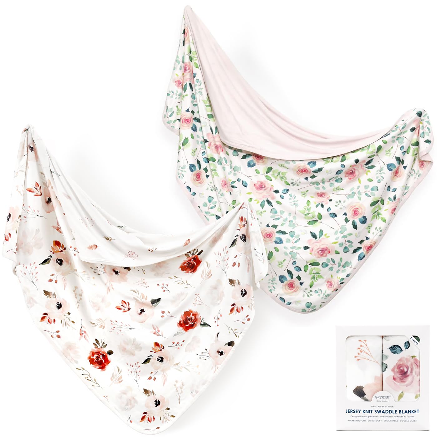 GRSSDER Baby Blankets Super Soft Jersey Knit Swaddle Blanket 2 Pack for Baby Girls and Boys, Double Layer Receiving Blankets 34 x 44 Inches Extra Large for Baby Show Gift, Orange & Pink Rose