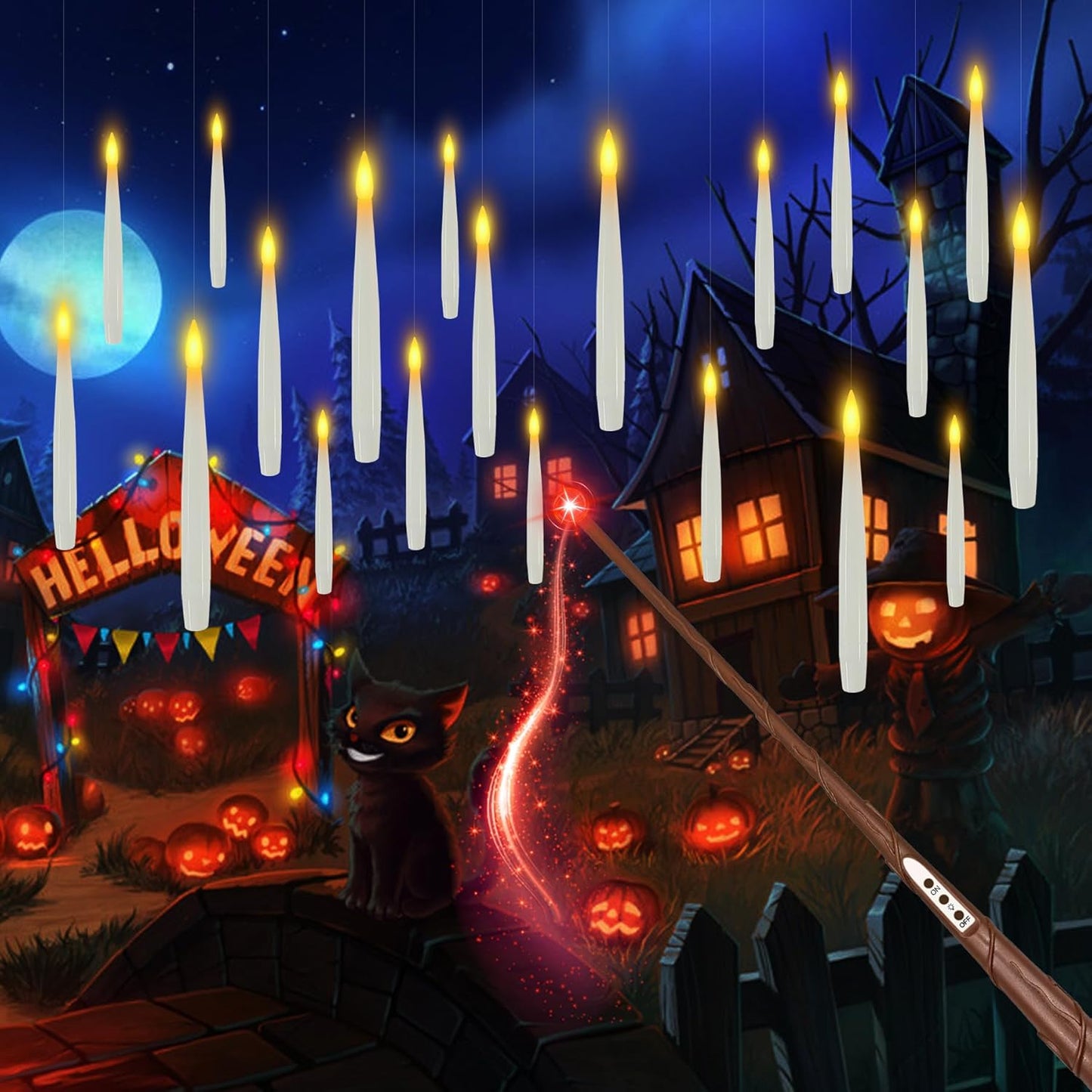 JMTONE Floating Candles with Wand, Halloween Decorations Magic Candle,12 PCs Magic Hanging Candles Flickering Warm Light Flameless Floating LED Candle with Wand Remote