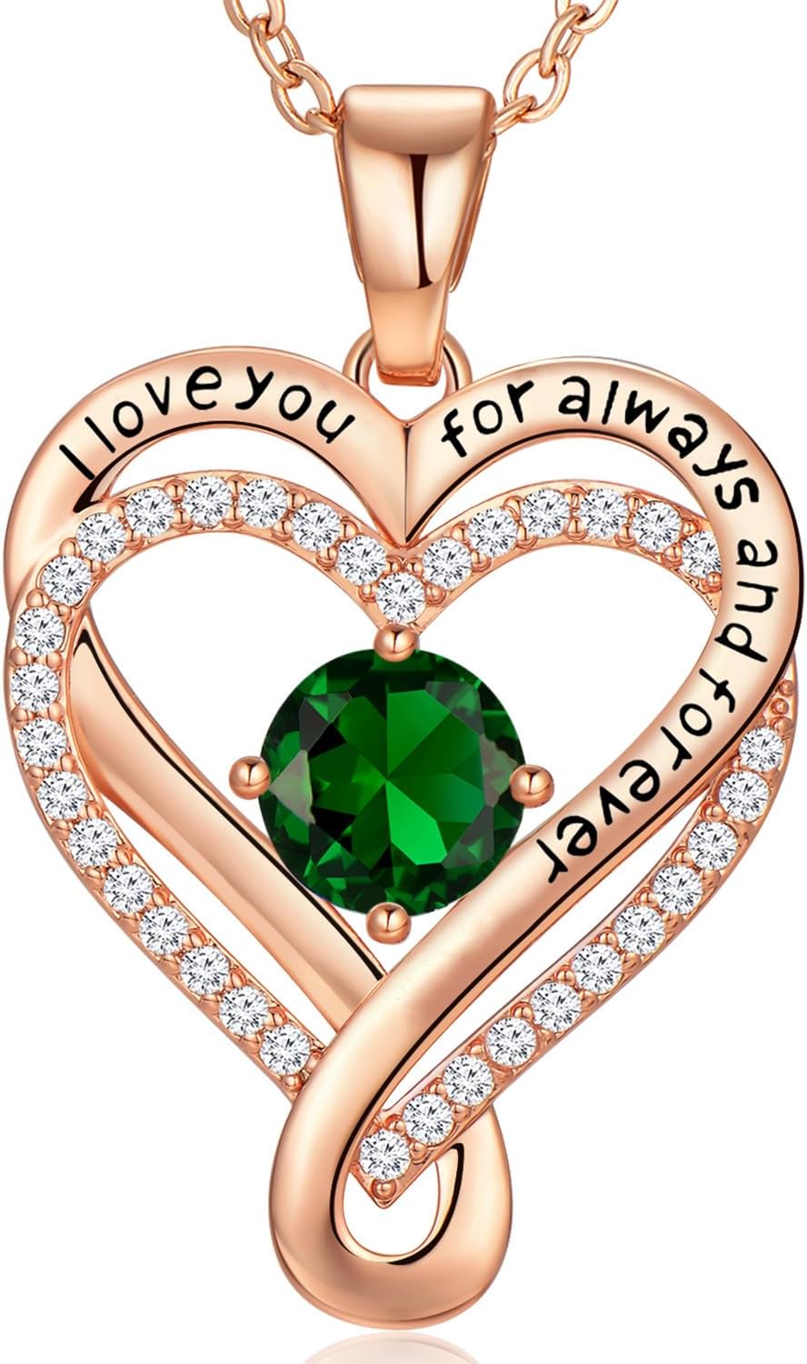 Infinity Heart Birthstone Necklace for Women Wife 18K Rose Gold Plated,Anniversary for Women Wife Her Birthday Gift for Girlfriend Mom Daughters, I Love You Women's Jewelry