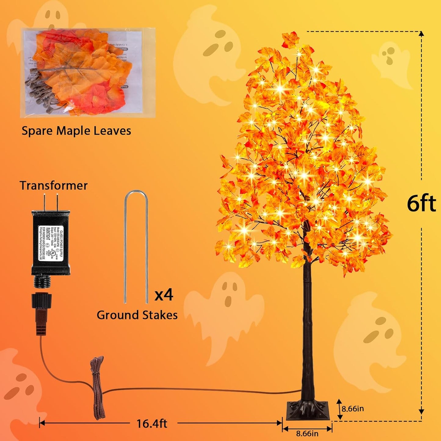 6FT Artificial Lighted Maple Tree, 120LED Fall Tree with Warm White Lights and Maple Leaves for Halloween, Thanksgiving, Autumn Harvest Outdoor Indoor Home Decor, Orange