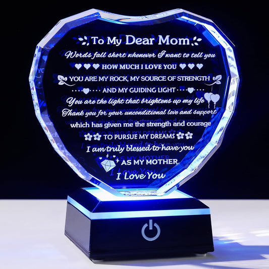 Gifts for Mom with Colorful LED Base Moms Birthday Gifts from Daughter Son to My Mom Gift Crystal Heart Keepsake Best Mother Presents Idea for Christmas Mother's Day Valentine