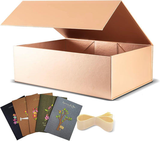 5 Pack Large Gift Box, Rose Gold, 13x10x5 inch with Magnetic Lids Gift Packaging Box, Groomsmen Boxes for Presents Contains Card, Ribbon, Foldable