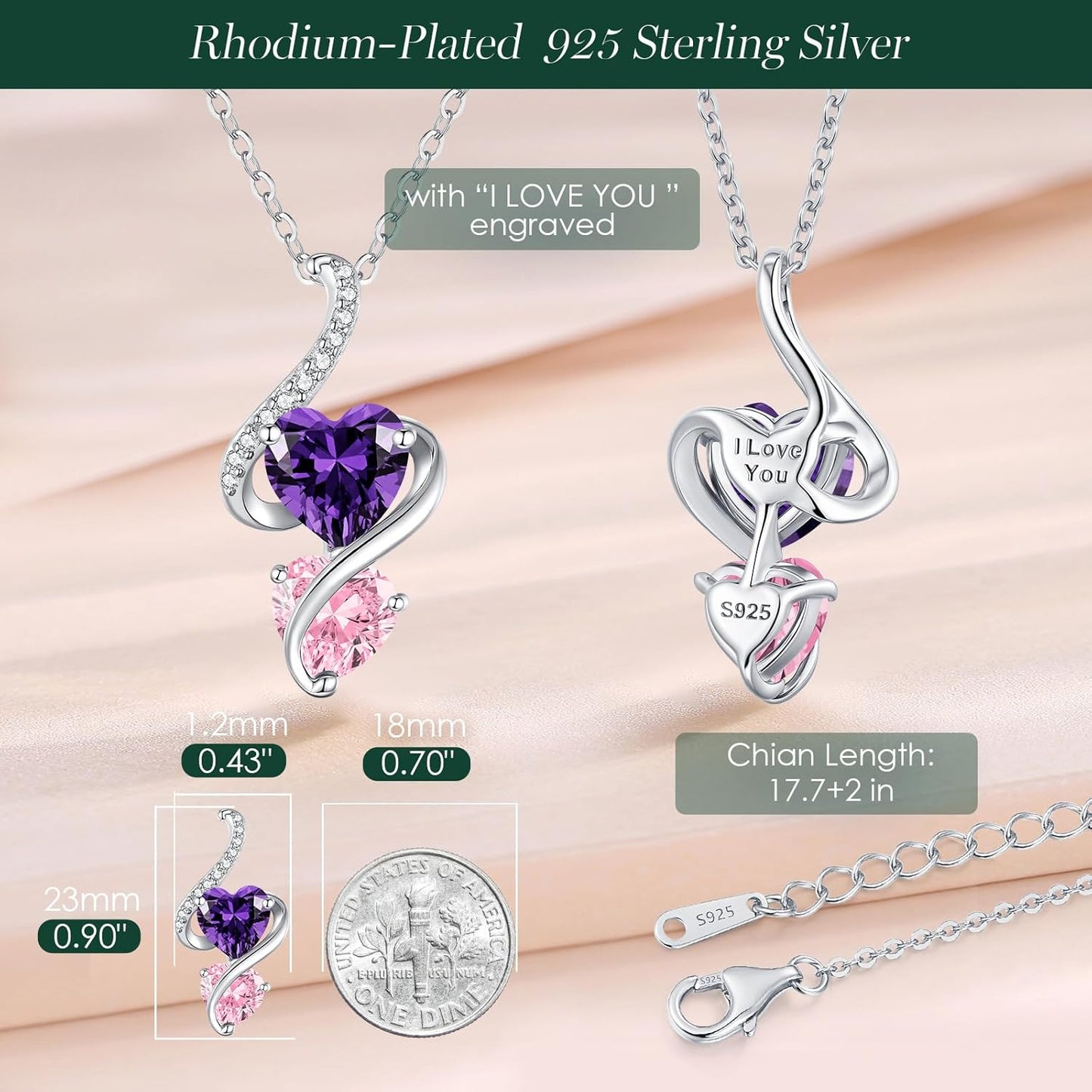 LOUISA SECRET Unique Double Heart Necklace Gifts for Wife Women, 925 Sterling Silver Tiny Birthstone Pendant Jewelry Gift for Her Girlfriend Mom Valentine's Day Anniversary Mother's Day Birthdays & Christmas