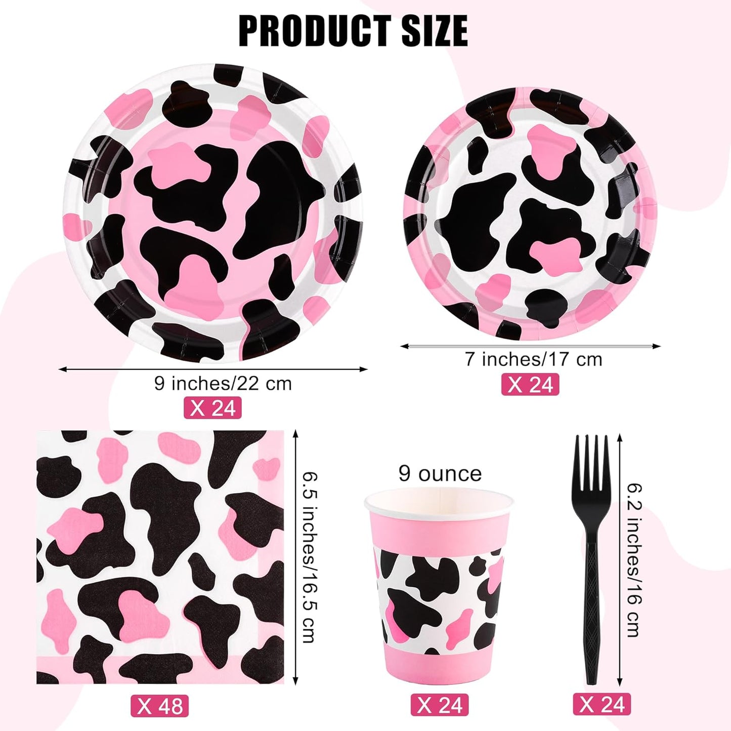 144 Pieces Pink Cow Print Party Tableware Sets Including Disposable Plates Napkins Cups Forks Serves 24 for Cow Theme Farm Animal Party Supplies