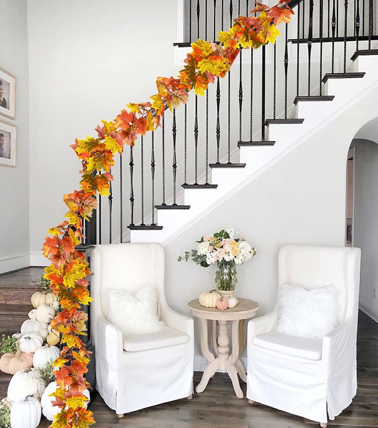 2 Pack Fall Maple Leaf Clearance, Hanging Vine Artificial Autumn Foliage Thanksgiving Decor for Home Wedding Fireplace Party Christmas (Orange)