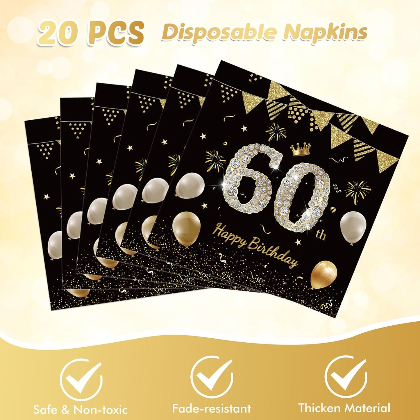 41Pcs 60th Birthday Decorations for Men Women, Black Gold 60 Year Old Birthday Party Supplies Include 20 Plates 20 Napkins and 1 Tablecloth, Black Gold 60 Aged Birth Party Tableware