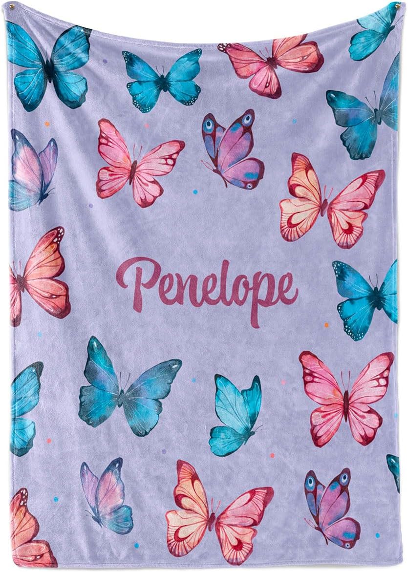 Personalized Butterfly Blanket - Custom Blanket - Baby Girl Gift - Soft Customized Throw Blankets for Girls - Monogrammed Name Blanket - Personalized Gifts for Newborns & Kids (Sherpa 60" x 80")