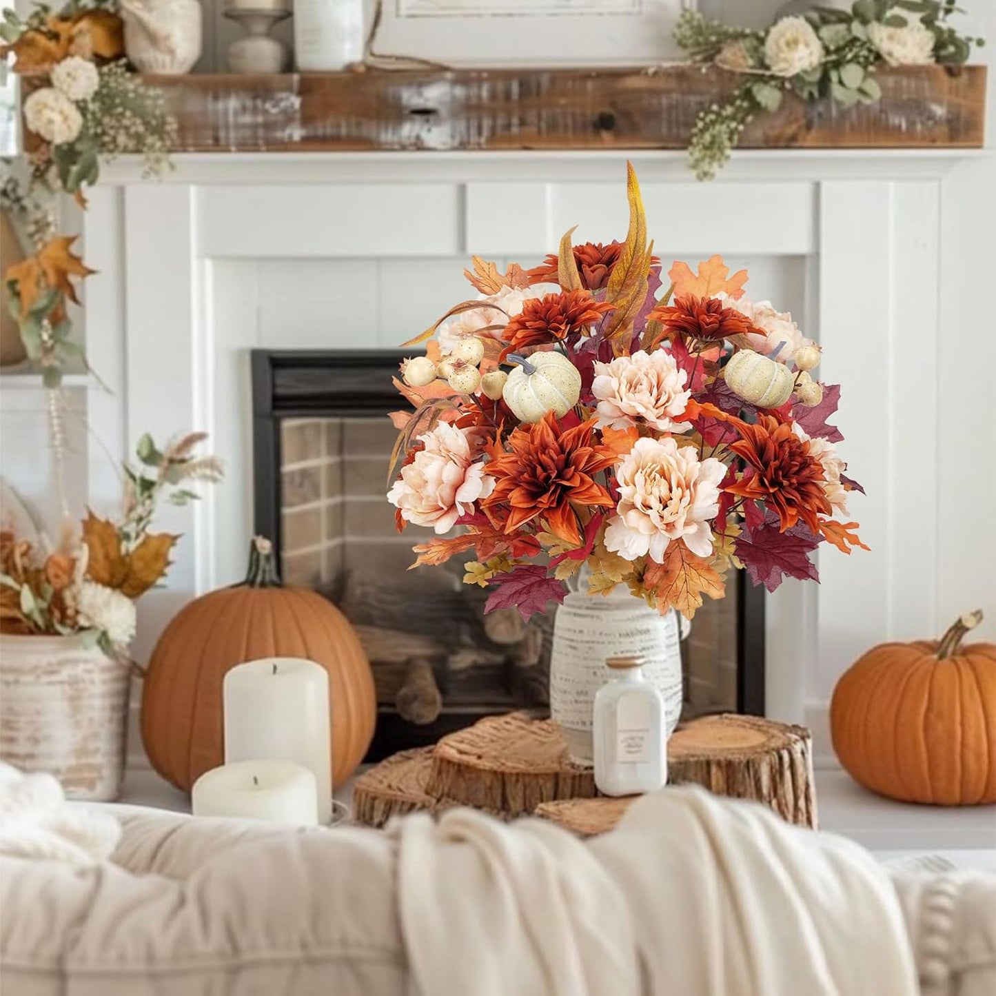 2 Bundles Fall Cemetery Flowers for Grave Fake Fall Flowers Mixed Bush Artificial Dahlia with Pumpkins Silk Floral Arrangement for Autumn Party Wedding Home Thanksgiving Decor (19.29")