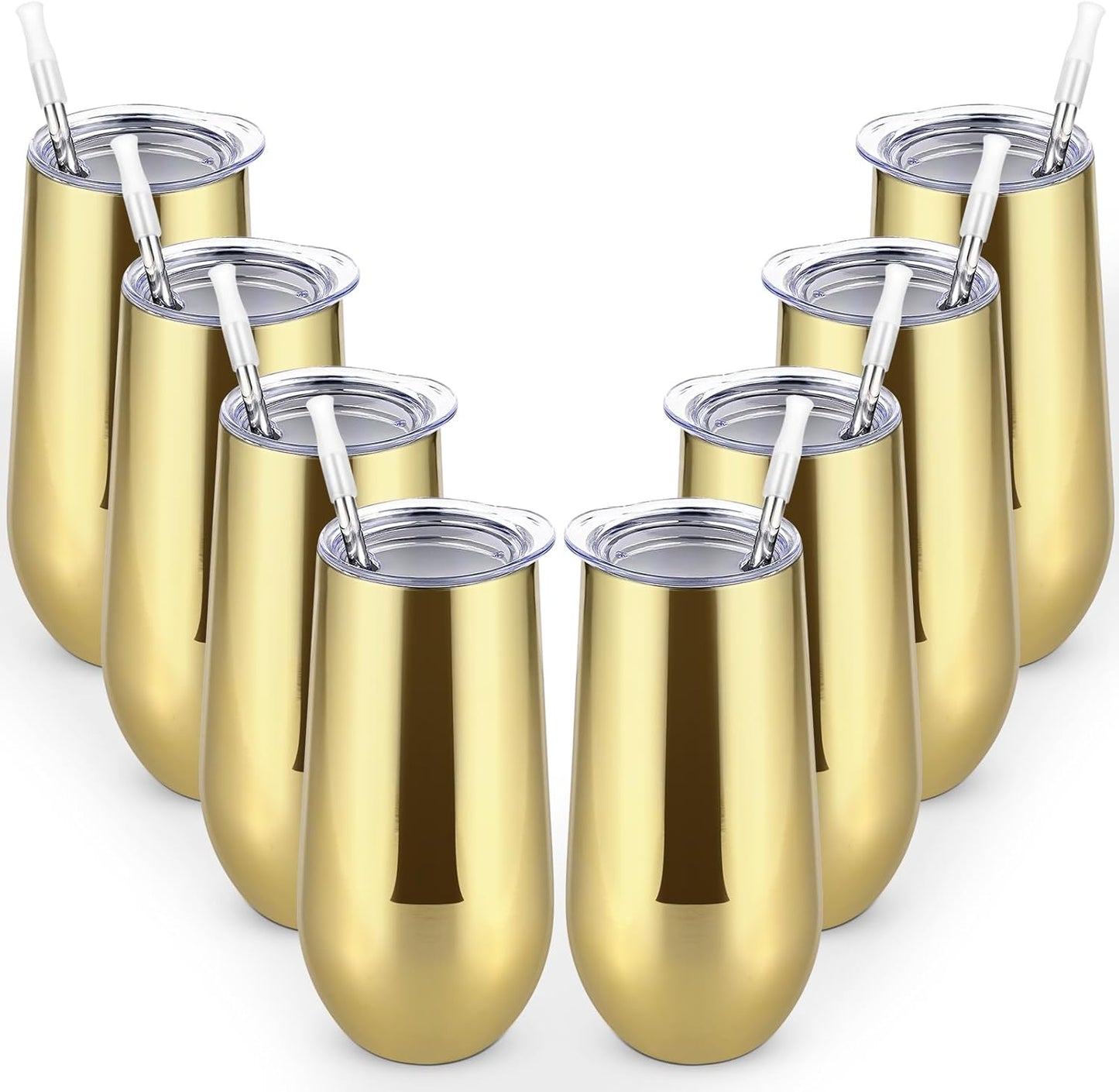 Lifecapido 8 Pack Insulated Stemless Tumblers, 12oz Stainless Steel Flute Tumblers, Gold Plating for Birthday Party Wedding Christmas
