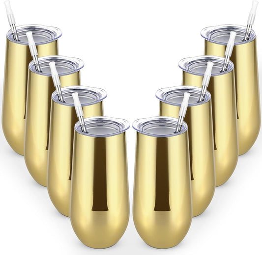 Lifecapido 8 Pack Insulated Stemless Tumblers, 12oz Stainless Steel Flute Tumblers, Gold Plating for Birthday Party Wedding Christmas