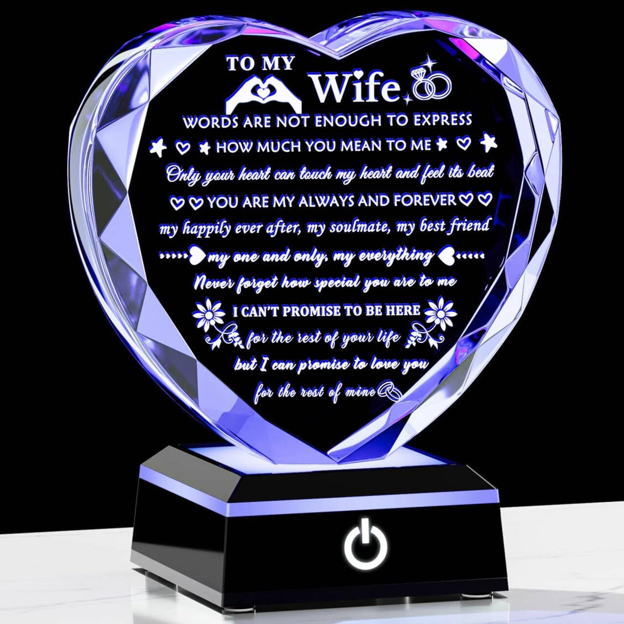 Romantic Wife Gifts from Husband with Colorful LED Base Anniversary Birthday Gift for Wife Crystal Keepsake I Love You Gifts for Her on Mothers Day Valentine Christmas