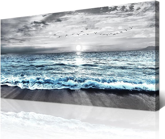 Wapluam Large Canvas Wall Art For Living Room Wall Decor For Bedroom Office Wall Decorations Black And White Painting Blue Sea Wave Pictures Artwork For Modern Stretched and Framed Beach Posters