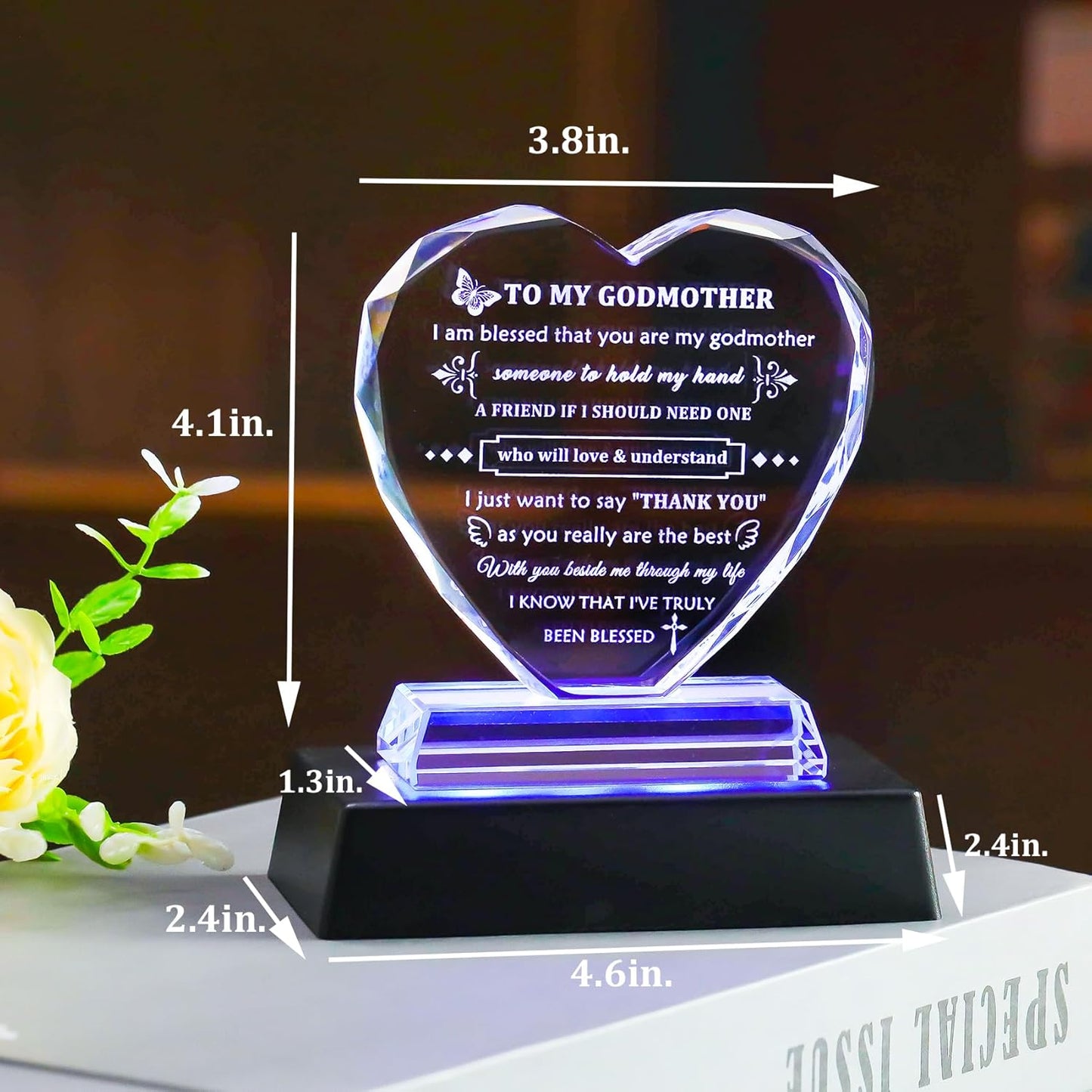 YWHL Godmother Gifts from Godchild with Colorful Light Base, Best Godmother Gifts for Birthday Crystal Heart Keepsake, To My Godmother Gifts from Goddaughter Godson on Mothers Day Christmas