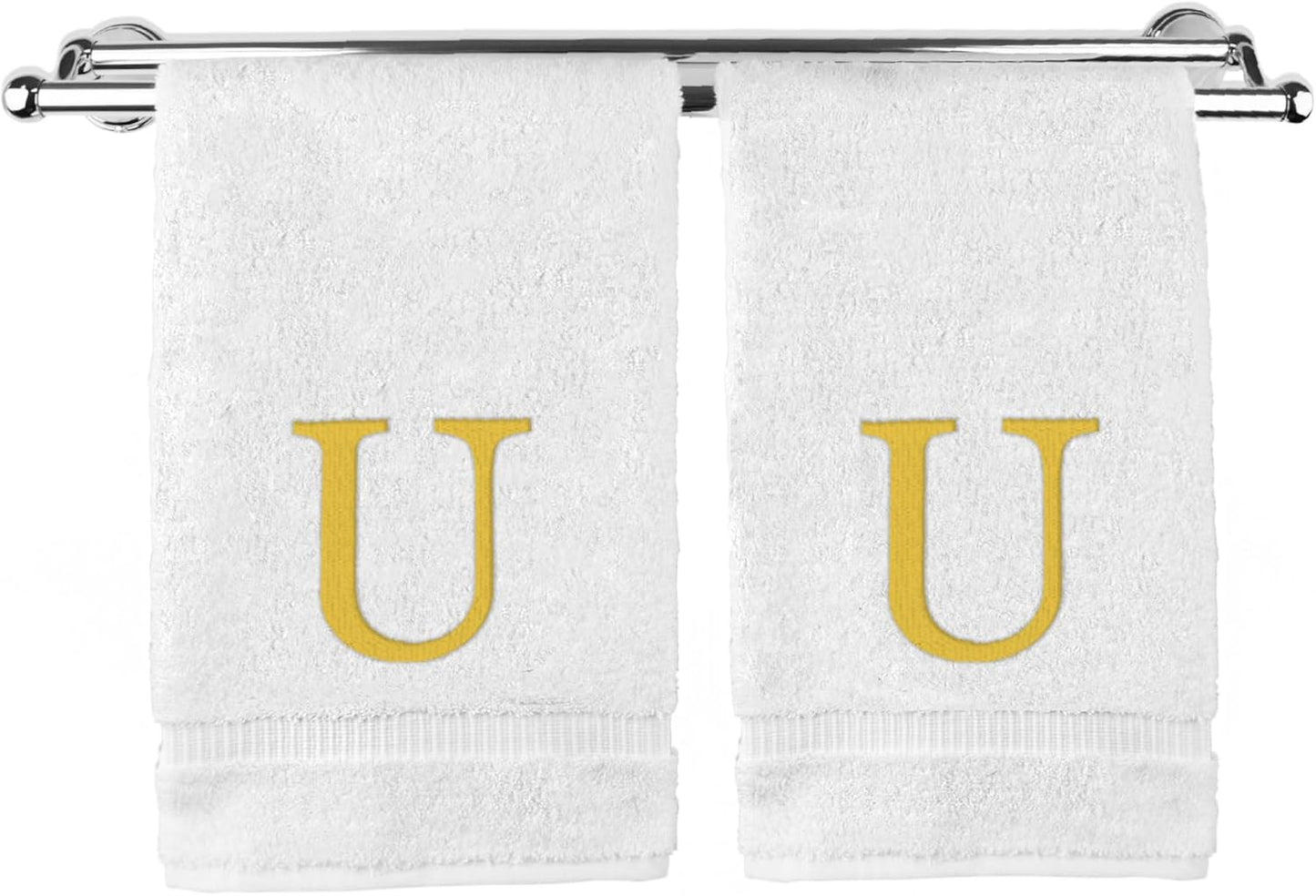 Monogrammed Hand Towel, Personalized Gift, Set of 2- Gold Block Letter Embroidered Towel - Extra Absorbent 100% Turkish Cotton - Soft Terry Finish - Initial U White