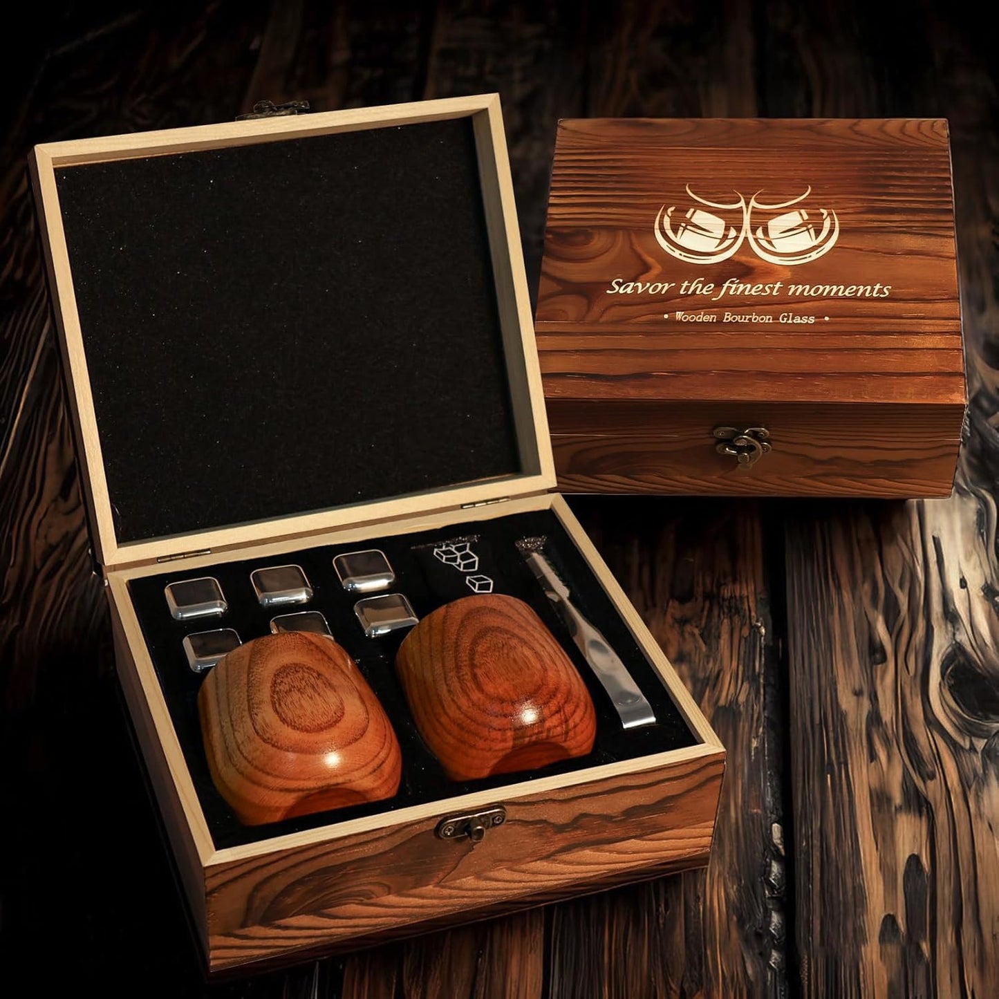 Charred Wooden Bourbon Drinking Glass, Bourbon Gifts for Men, Handcrafted Premium Whiskey Glasses for Dad, Great Whiskey Gifts for Men, Perfect Presents for Boyfriend Father Friends, Wine Tumbler