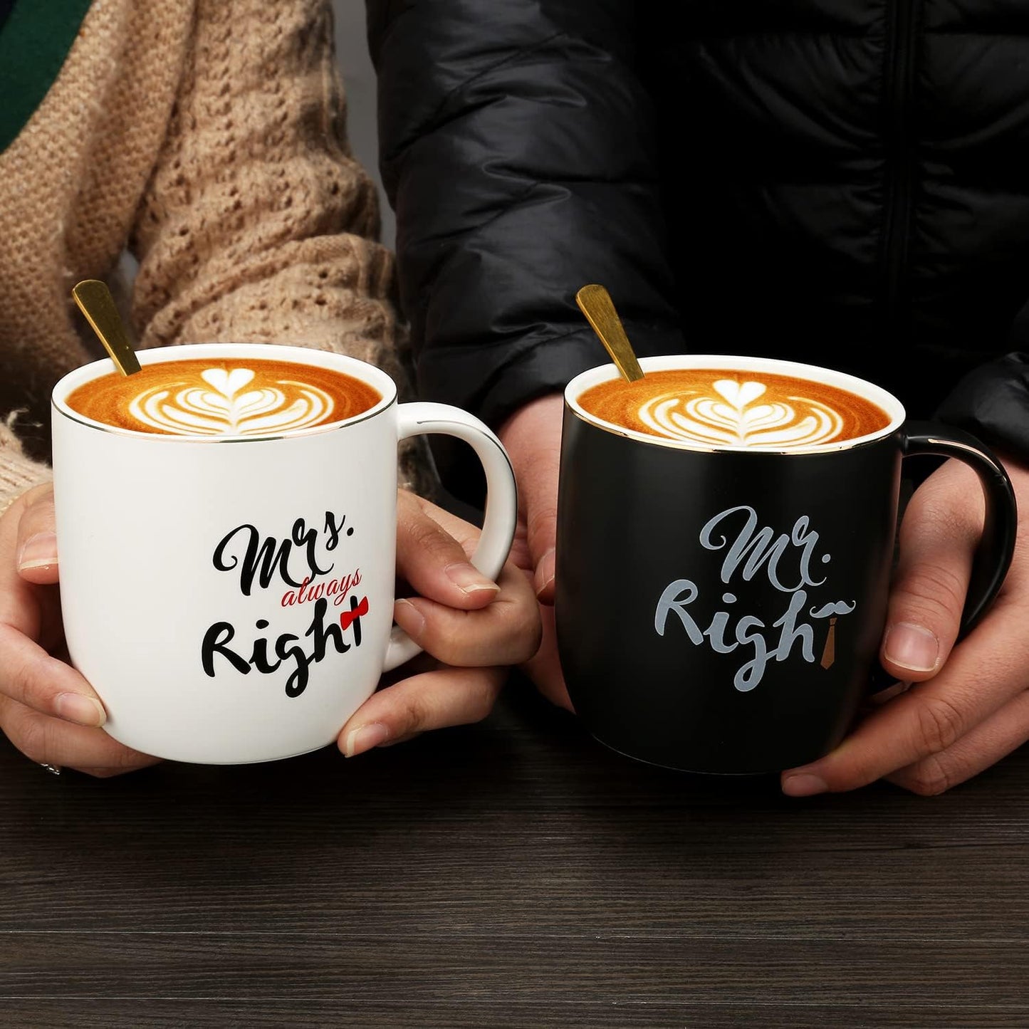 Mr Right Mrs Always Right Couple Coffee Mugs Cups - Bridal Shower Wedding Anniversary Valentine's Day Gift - Bride and Groom Newlyweds Married Couples Ceramic Marble Mugs Set - Black and White