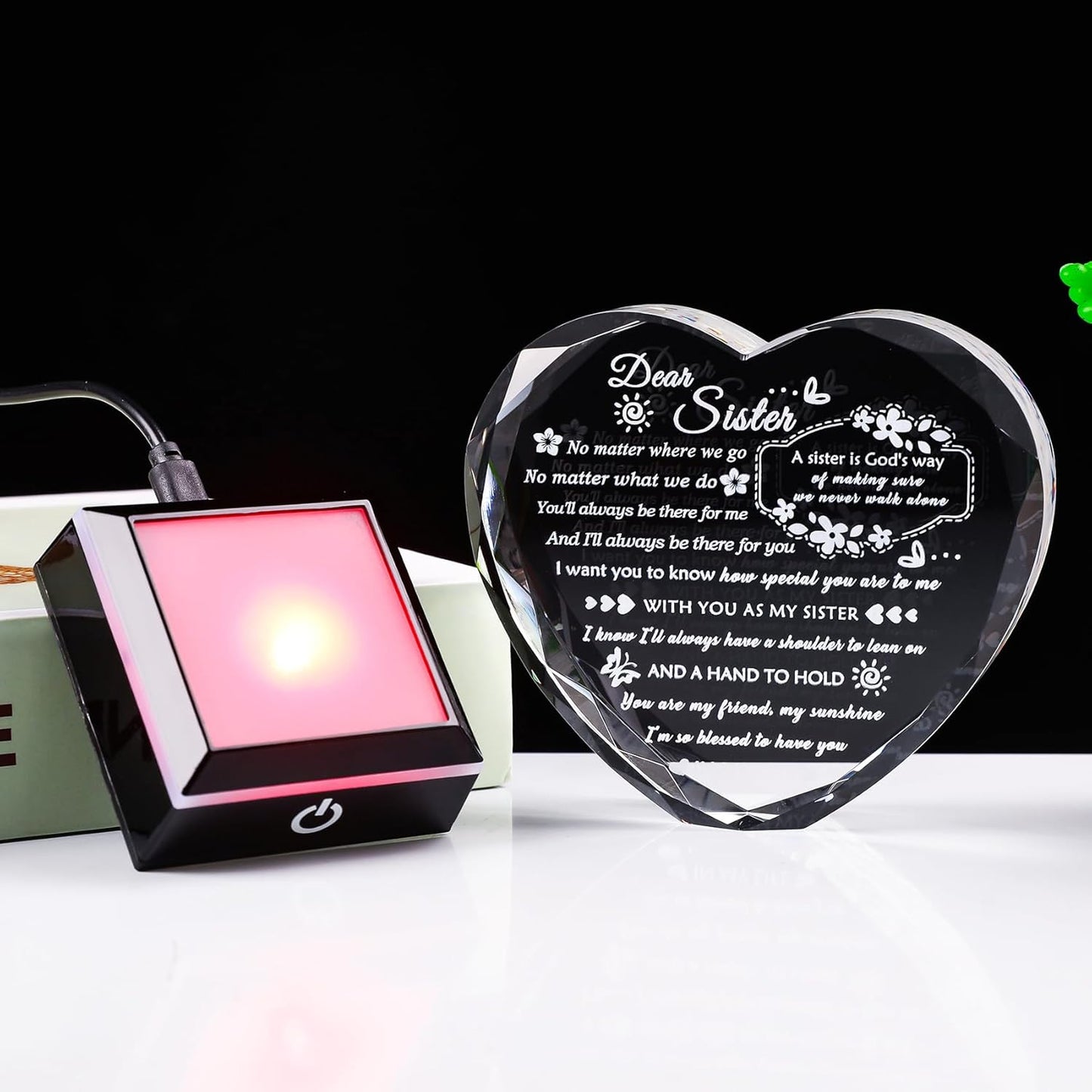 YWHL Sister Birthday Gifts from Sister Brother To My Sisters Crystal Heart Keepsake with Colorful Light Base Sister Gifts for Women for Christmas Mother's Day