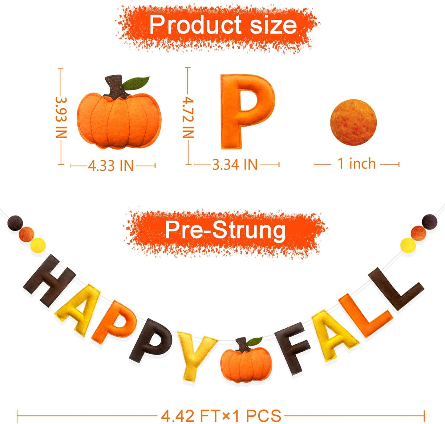 Fall Decorations Pre-Strung Handmade Felt Happy Fall Sign Pumpkin Banner Wool Felt Ball Garland for Autumn Thanksgiving Harvest Nursery Home Wall Decor Birthday Baby Shower Party Decoration Supplies