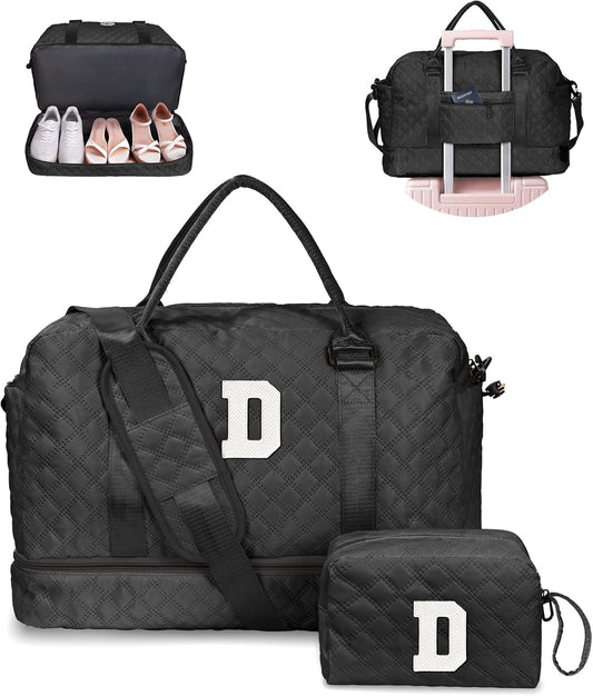 Customized Women Gifts, Travel Essential for Girls, Duffle Bag with Shoe Compartment, Weekender Bag, Overnight Bag for Women, Travel Bag with Makeup Bag Teacher Gifts (Letter D)