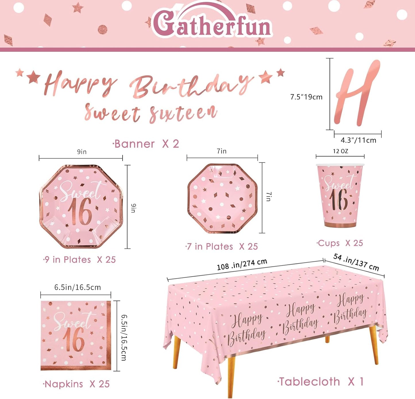 Rose Gold & Pink Sweet 16 Birthday Bundle: Party Supplies Set with paper Plates, Napkins, Cups, Tablecloth & Banner - Sweet Sixteen Decorations, Party Favors ,Serves 25