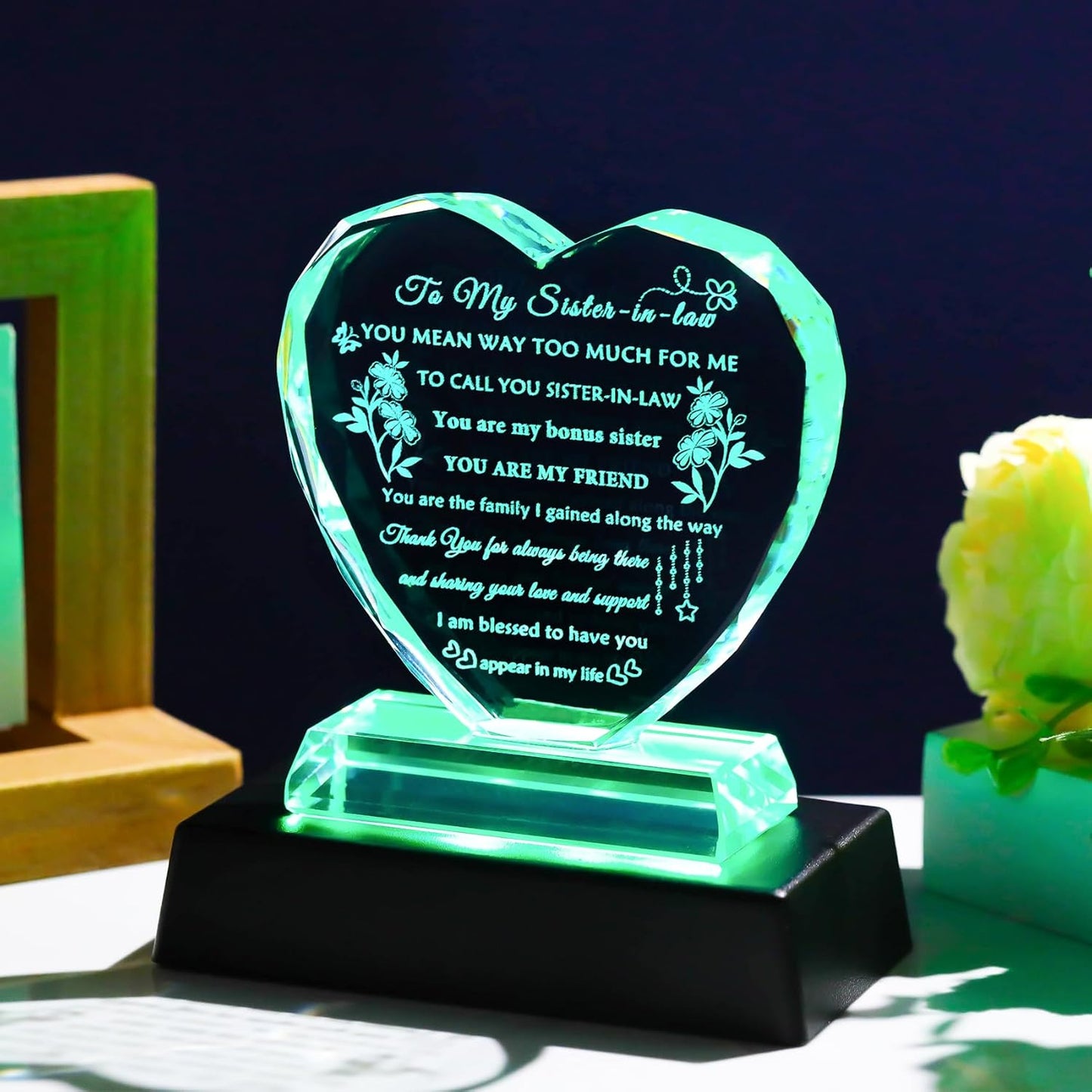 YWHL Best Sister in Law Gifts with Colorful LED Base Heart Crystal Keepsake Wedding Birthday Gifts for Sister in Law Unique Sister in Law Gifts Ideas for Christmas Mother's Day Thanksgiving