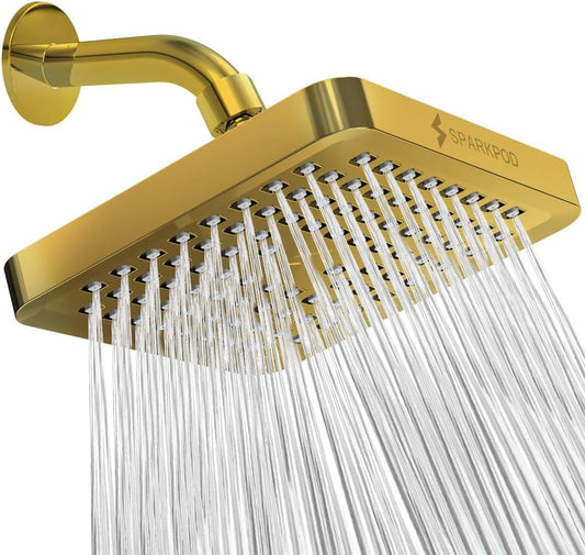 SparkPod Shower Head - High Pressure Rain - Premium Quality Luxury Design - 1-Min Install - Easy Clean Adjustable Replacement for Your Bathroom Shower Heads (Egyptian Gold, 6 Inch Square)