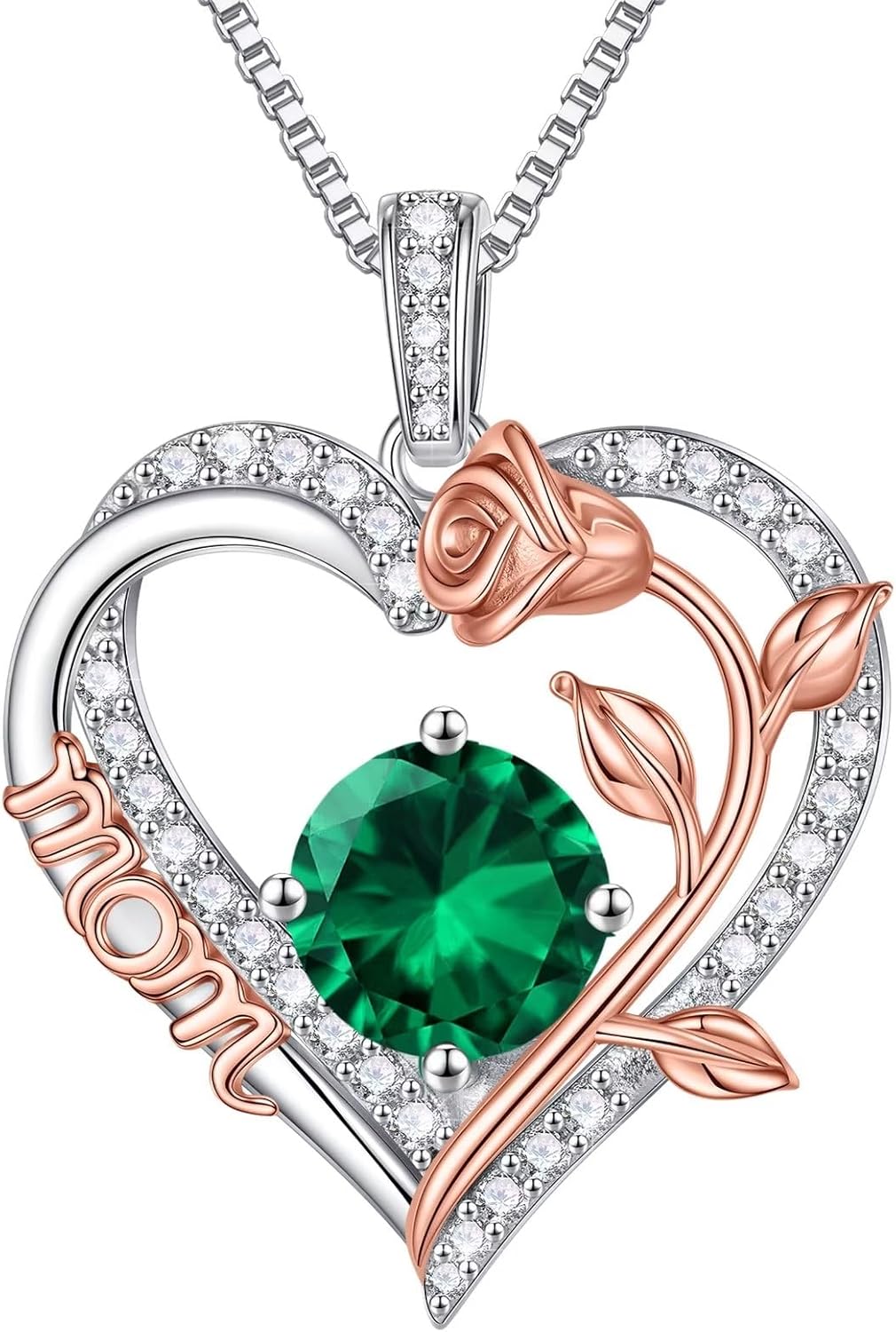 Iefil Gifts for Mom - 925 Sterling Silver Rose Round Birthstone Necklace Christmas Birthday Gifts Jewelry for Her Heart Pendant Necklace for Women Bonus Mom Mother in Law