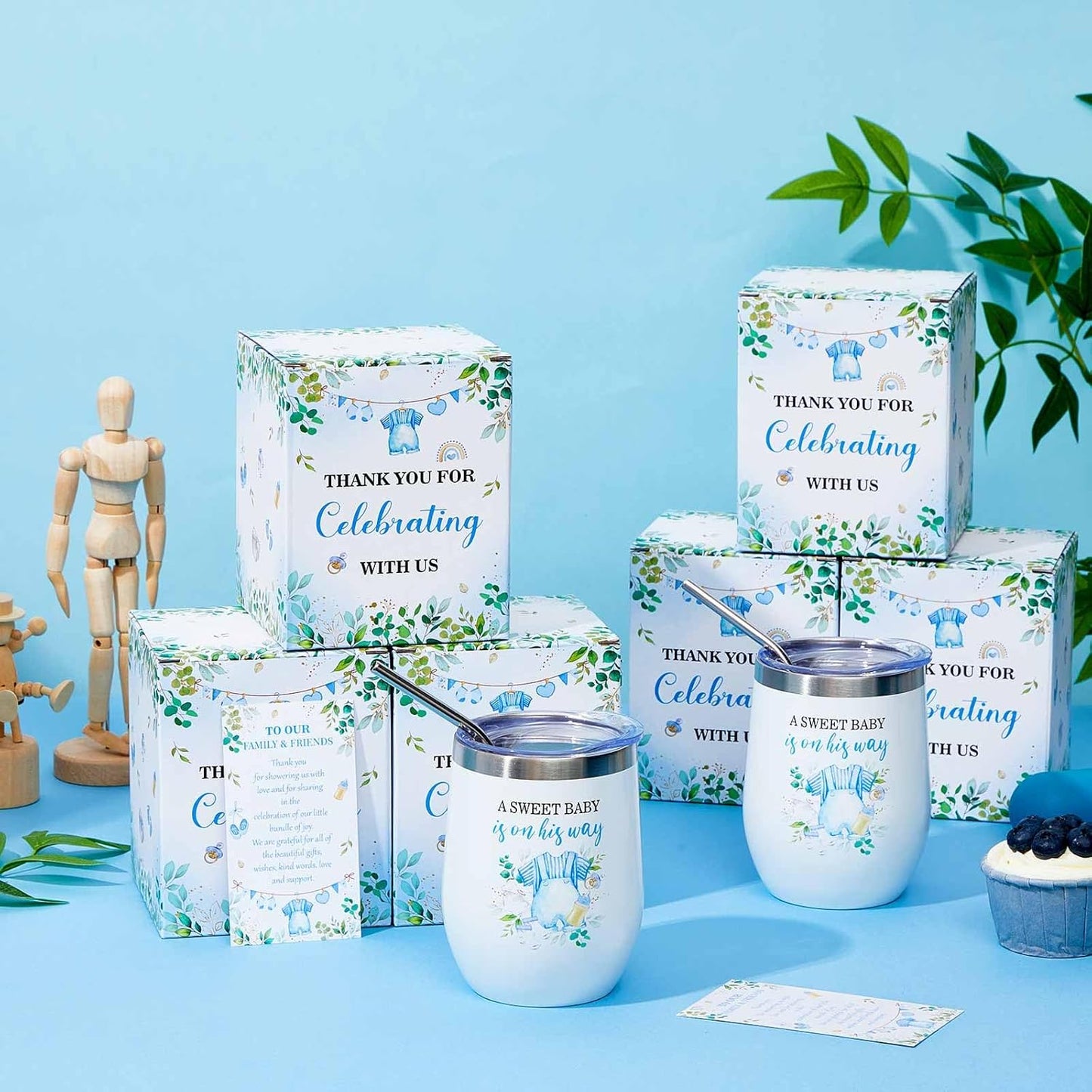 Hoolerry 6 Set Baby Shower Game Prizes for Guests Winners 12 oz Insulated Stainless Steel Tumbler Cup with Lids, Straws, Cleaning Brush, Cards & Boxes Return Gifts(Blue-green,Boy, Greenery)