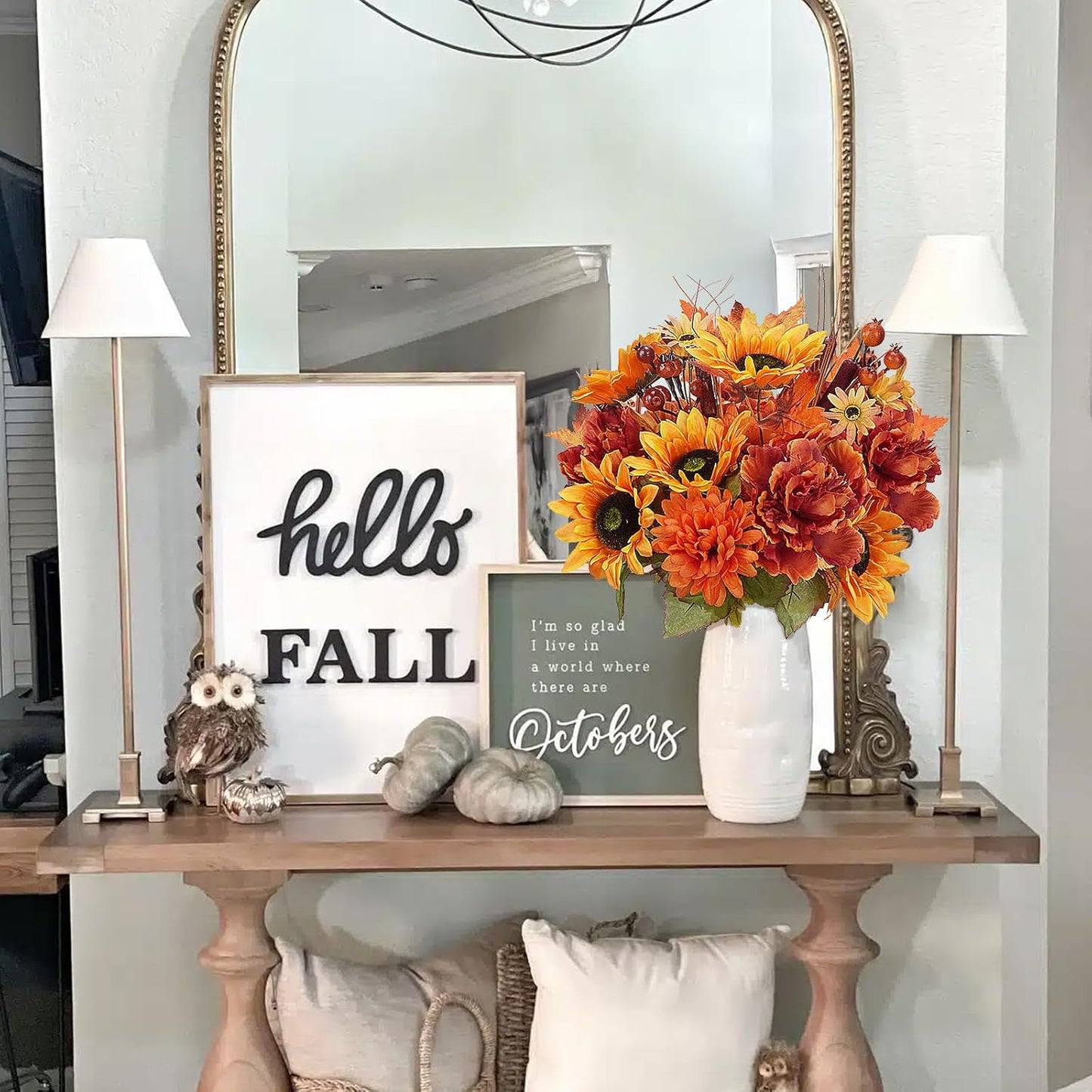 2 Bundles Fall Flowers Artificial for Decoration, Silk Flowers Bouquet Fake Sunflowers with Peony Mums Orange Faux Flowers for Cemetery Grave Home Wedding Party Autumn Thanksgiving Decor (21")