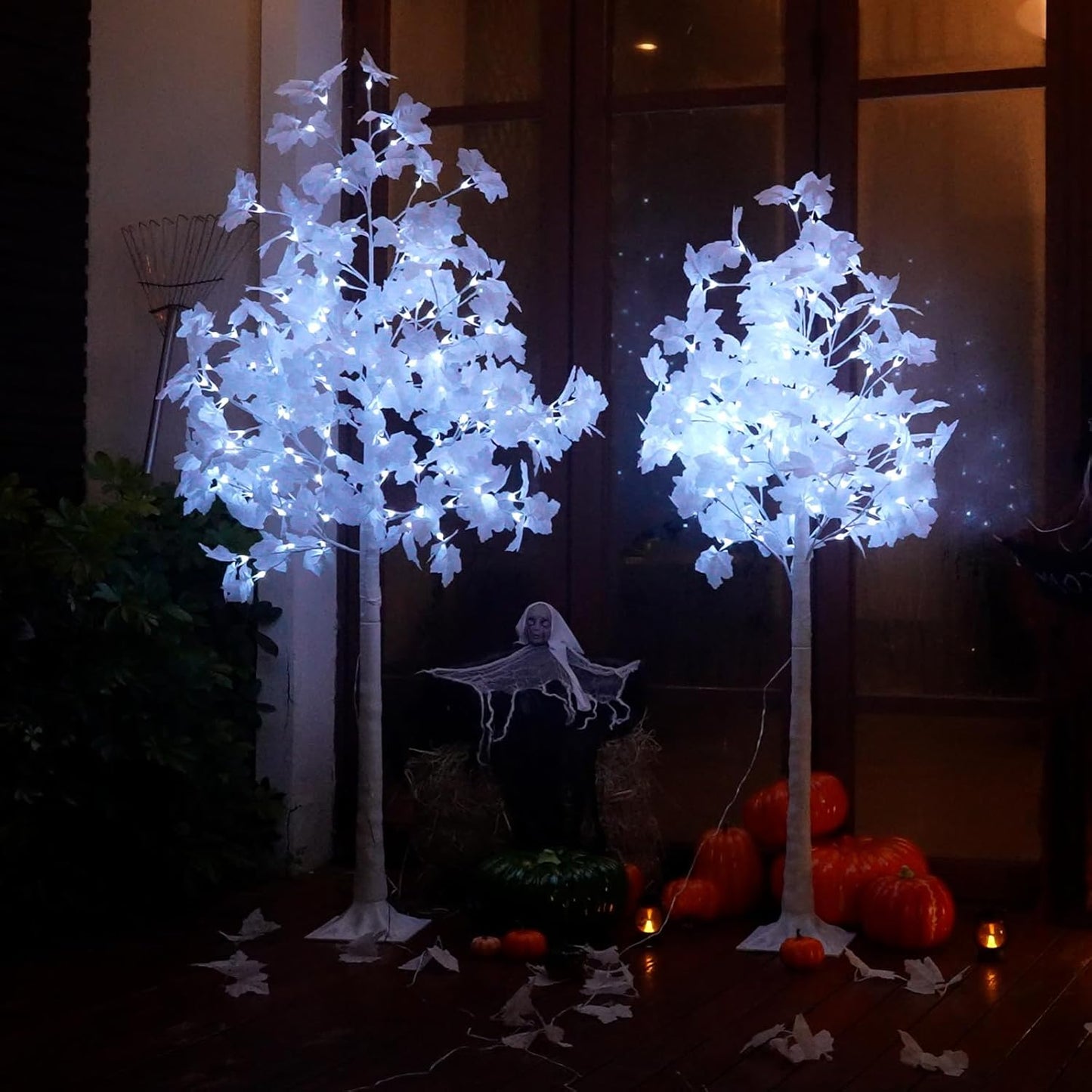 2PACK Artificial Lighted White Maple (5FT 96LED & 6FT 120LED) Fall Tree with Dual-Tone Lights (Cold & Warm White) Halloween, Thanksgiving, Autumn Harvest Outdoor Indoor Home Decor
