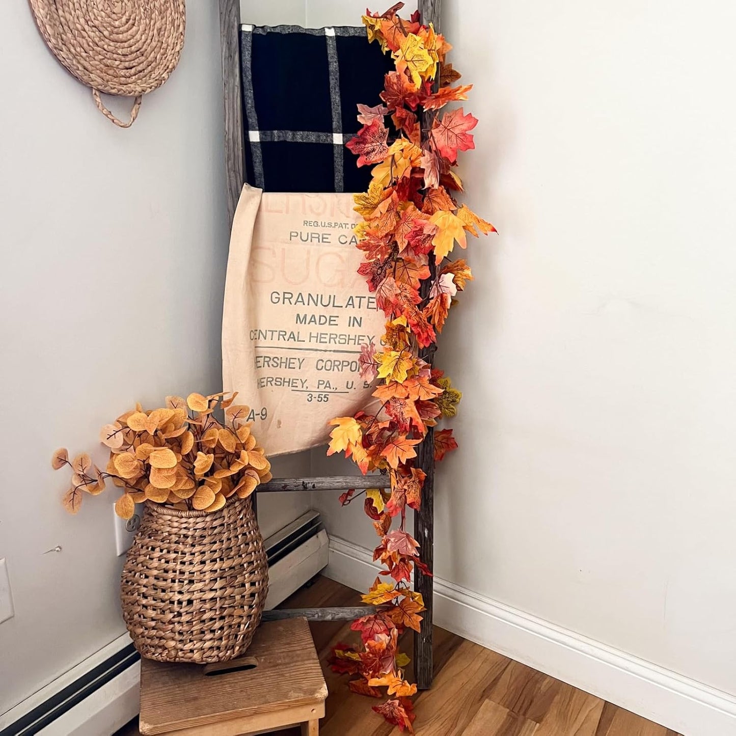 CQURE 12 Pack Fall Leaf Garland, 5.9Ft Artificial Maple Leaf Garland Fall Leaves Autumn Hanging Vines Maple Leaves Thanksgiving Decor for Home Wedding Fireplace Party