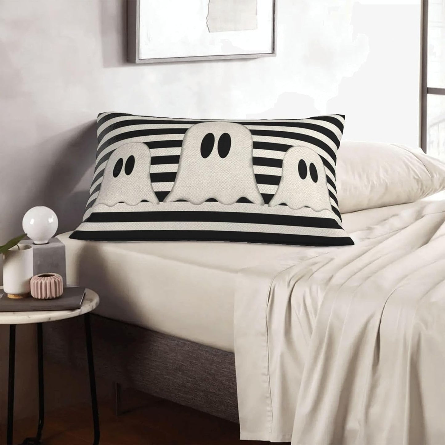 Halloween Pillow Covers 12x20 Set of 2 Black Stripe Cute Ghost Throw Pillcase Decorative Cushion Case for Couch Sofa Outdoor Decor
