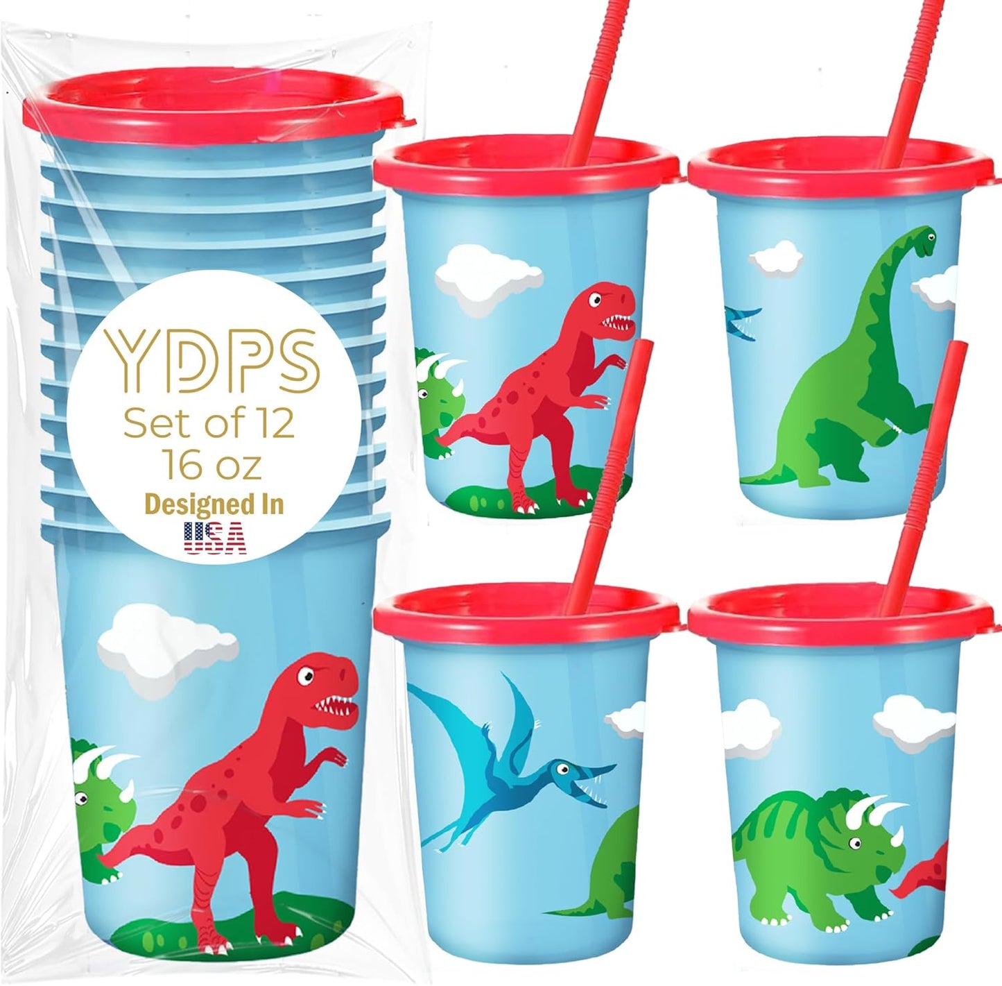 Dinosaur Cups for Kids with Straw and Lid, Set of 12 - Party Dino Cups - Perfect Boy or Girl Dinosaur Birthday Decorations