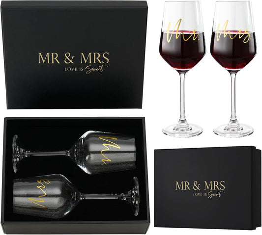 AW BRIDAL Engagement Bridal Shower Wedding Gifts for Newlyweds Couples 2025, Anniversary Mr and Mrs Wine Glasses Set of 2 for Couple, 12 oz Crystal Wedding Glass Set with Gift Box for Bride Groom