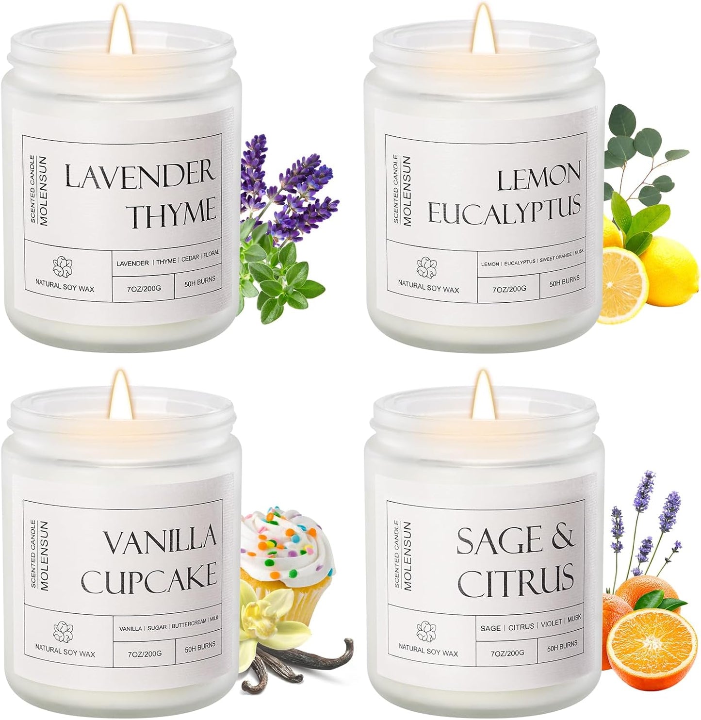 4 Pack Candles for Home Scented, Mother's Day Gifts, 28 oz Long Lasting Candles, Soy Candle Set Gift for Women - Lavender Thyme/Lemon Eucalyptus/Sage &Citrus/Vanilla Cupcake