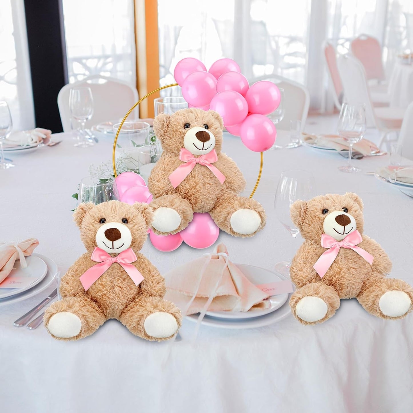 6 Sets Bear Baby Shower Table Centerpieces Bear Stuffed Animals 12 Inch Metal Floral Hoop with Stand Balloon for Wedding Baby Shower Birthday Flowers Table Decorations(Pink)
