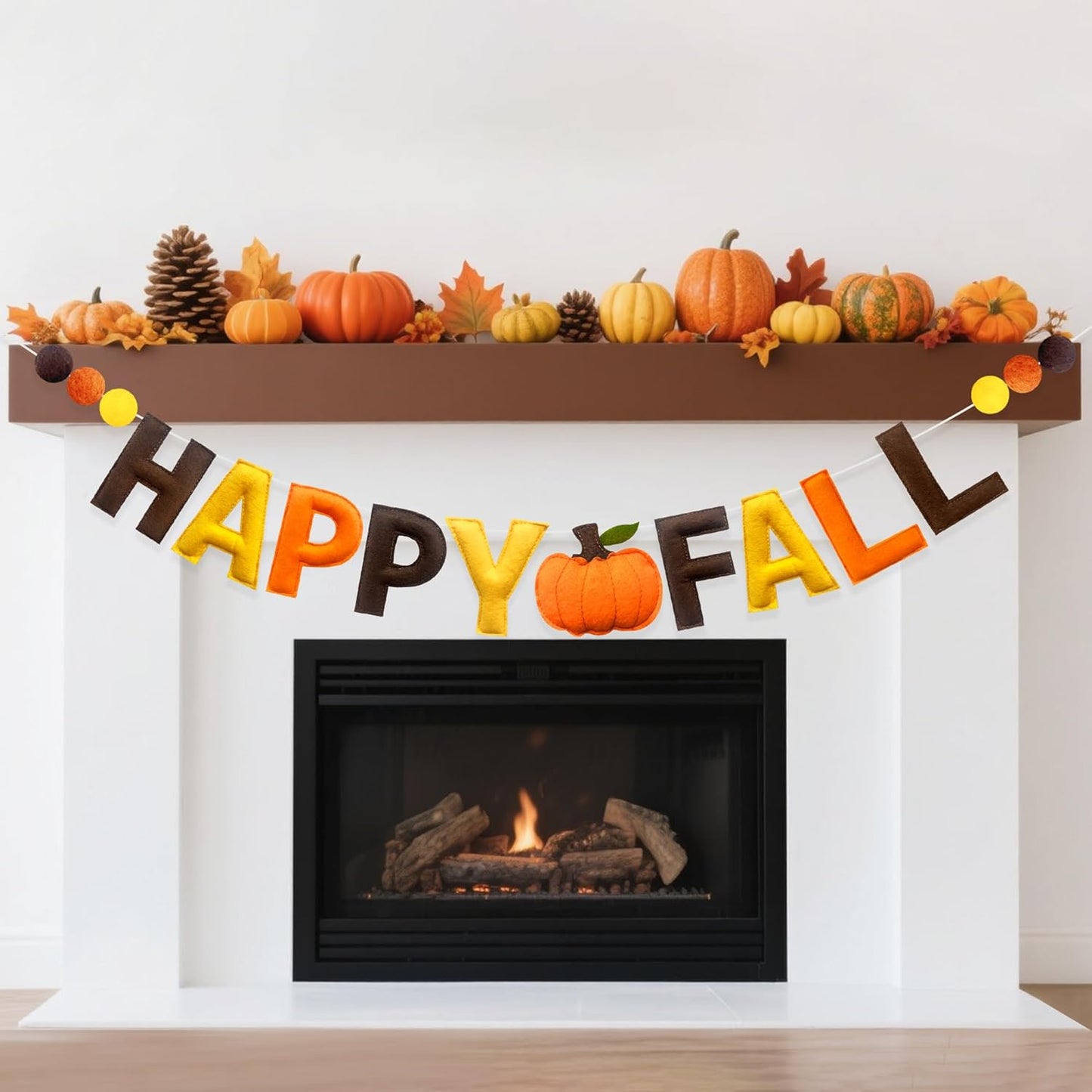 Fall Decorations Pre-Strung Handmade Felt Happy Fall Sign Pumpkin Banner Wool Felt Ball Garland for Autumn Thanksgiving Harvest Nursery Home Wall Decor Birthday Baby Shower Party Decoration Supplies