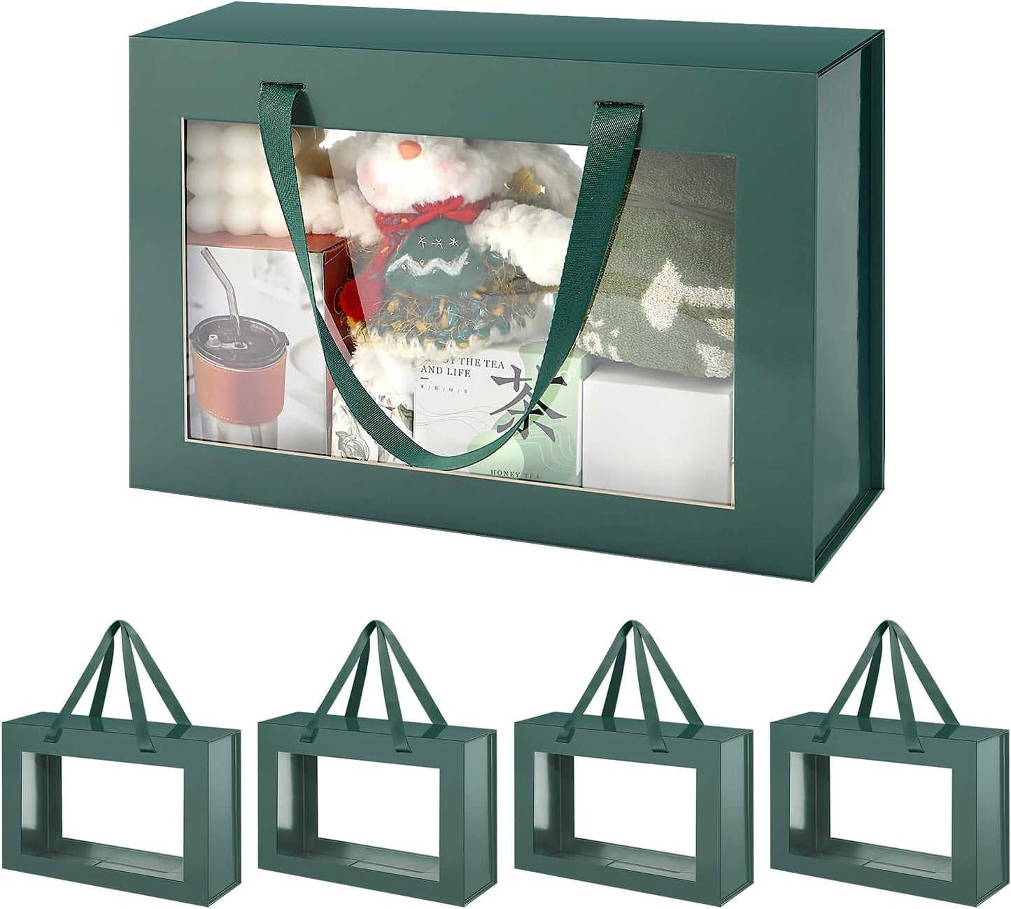 Large Green Clear Gift Boxes, 13.5x9x4.1 Inches Gift Boxes with Windows by Handles, Bridesmaid Proposal Boxes, Collapsible Gift Boxes with Magnetic Closure (Glossy Green, 5 Pack)