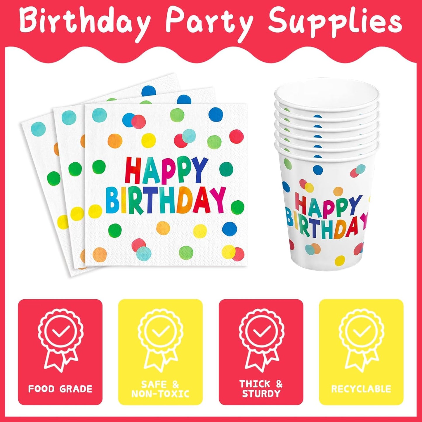 96pcs Happy Birthday Party Plates and Napkins Polka Dots Birthday Party Supplies Colorful Dots Paper Cup Party Supplies for Girls Boys Serve 24 Guests