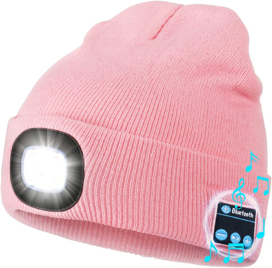 Wmcaps Bluetooth Beanie with a Light, Unisex USB Rechargeable 4 LED Fashlight Hat with Cordless Headphones, Unique Christmas Birthday Gifts for Men Him Husband Teen Pink