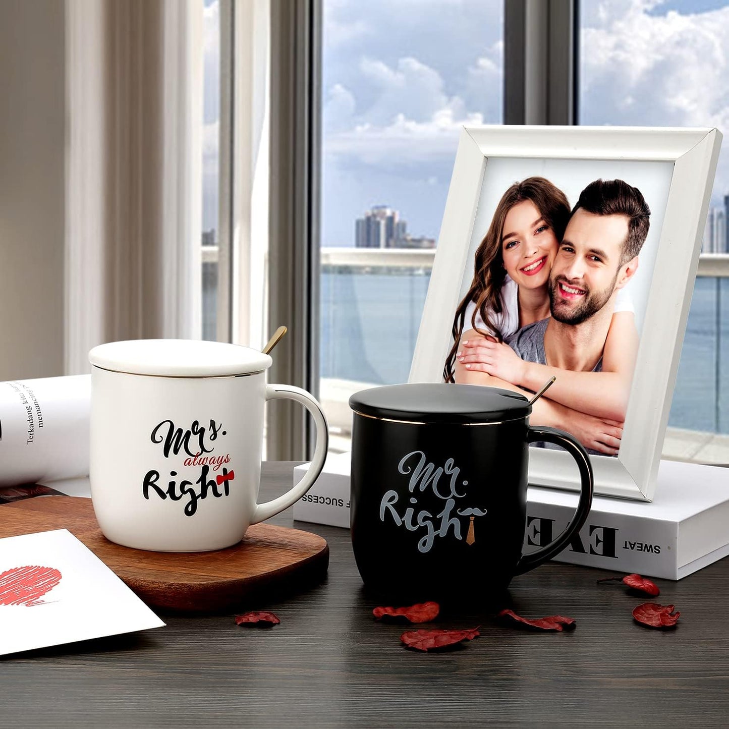 Mr Right Mrs Always Right Couple Coffee Mugs Cups - Bridal Shower Wedding Anniversary Valentine's Day Gift - Bride and Groom Newlyweds Married Couples Ceramic Marble Mugs Set - Black and White