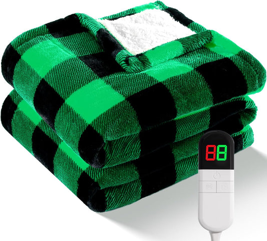 Electric Heated Sherpa Buffalo Plaid Christmas Throw Blanket with 8 Heating Levels & 8 Hours Auto Off, Fast Heating Warm Plush Washable Blanket with Over-Heat Protection, ETL Certification, Green