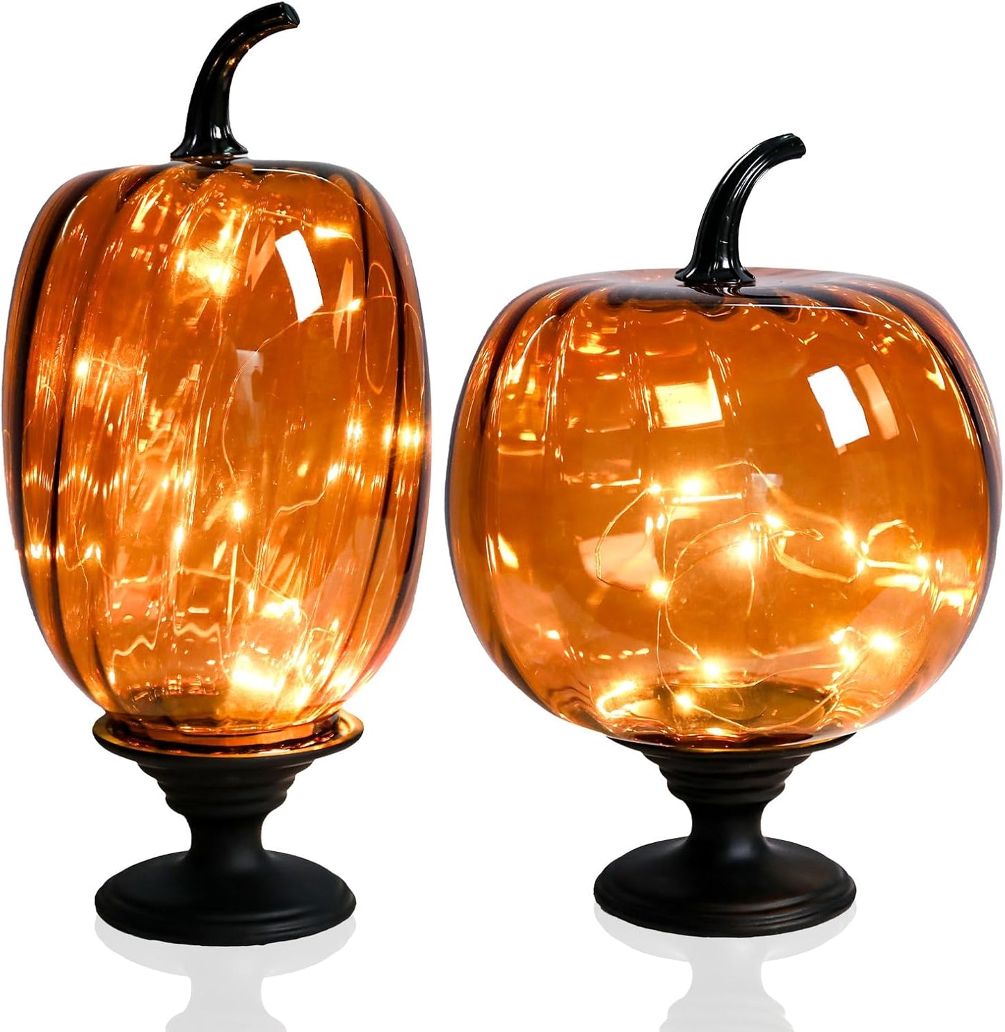 Glass Pumpkin Lights with Warm Yellow LED String, Set of 2 – 13.4” & 11.8” Tall Amber Glass Pumpkins for Fall, Halloween, Thanksgiving Table Centerpiece, Indoor Autumn Home Decor