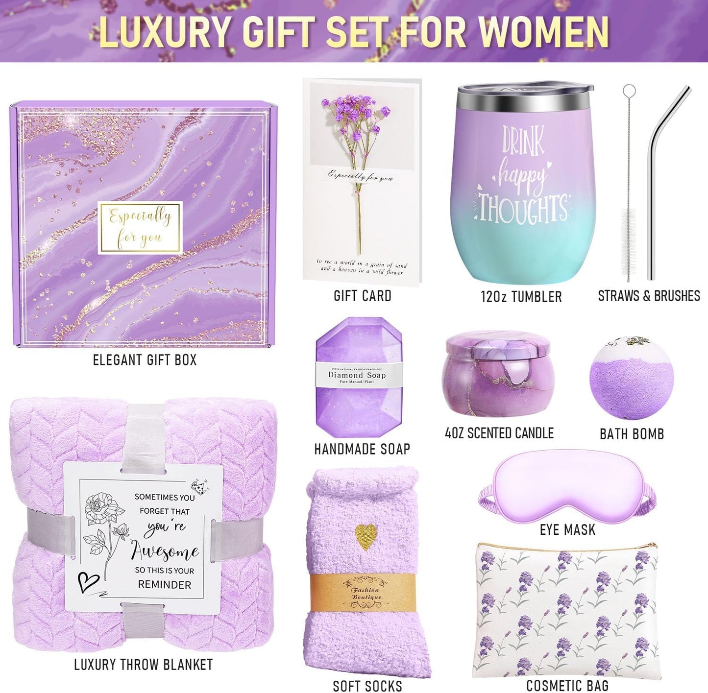 Happy Birthday Gifts for Women Self Care Gift, Relaxing Care Package Get Well Soon Spa Gift Basket with Luxury Blanket, Mothers Day, Brithday Gifts for Mom Her Friend Sister Wife